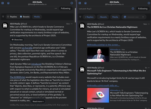On the left, the 404 Media Ghost account (@feed @404media.co), as viewed from my GotoSocial account, via Phanpy. On the right, the same account, as viewed from a Mastodon account, also via Phanpy.