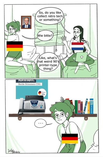 NL:"So, do you like collect retro tech or something?" DE:"Wie bitte?" NL:"Like, what’s that weird 90’s printer-type thing?" Zweites Panel zeigt verwirrtes DE vor einem sich auf einem Regal befindlichen Fax-Gerät vor einem CDU-Plakat mit "Beide Stimmen CDU."